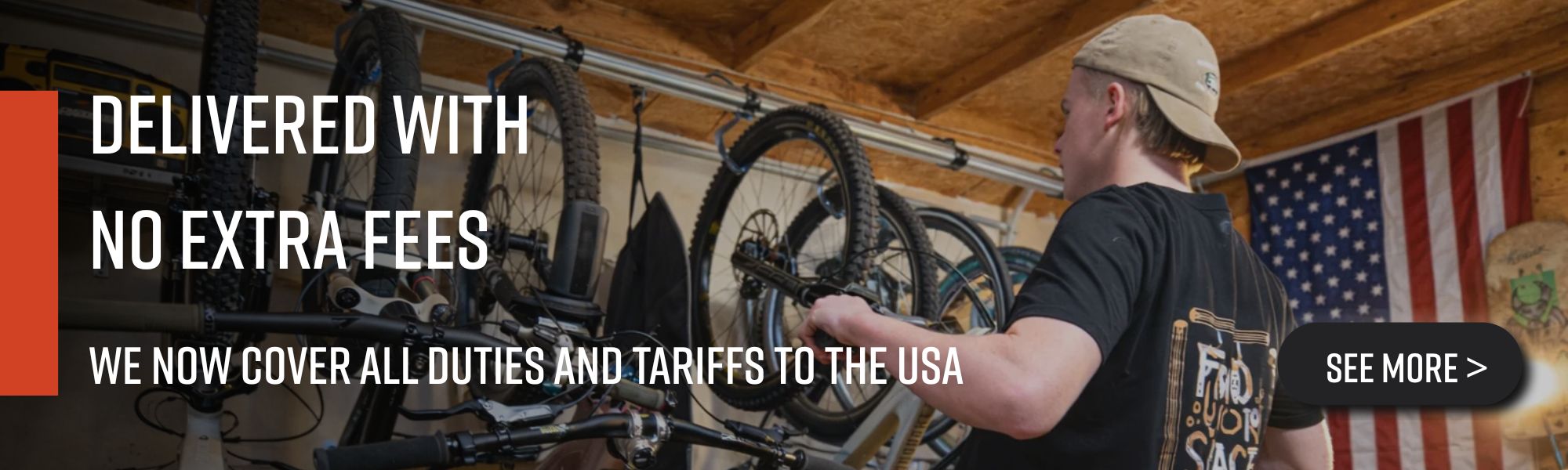 American putting a bike on a rack with shipping information 