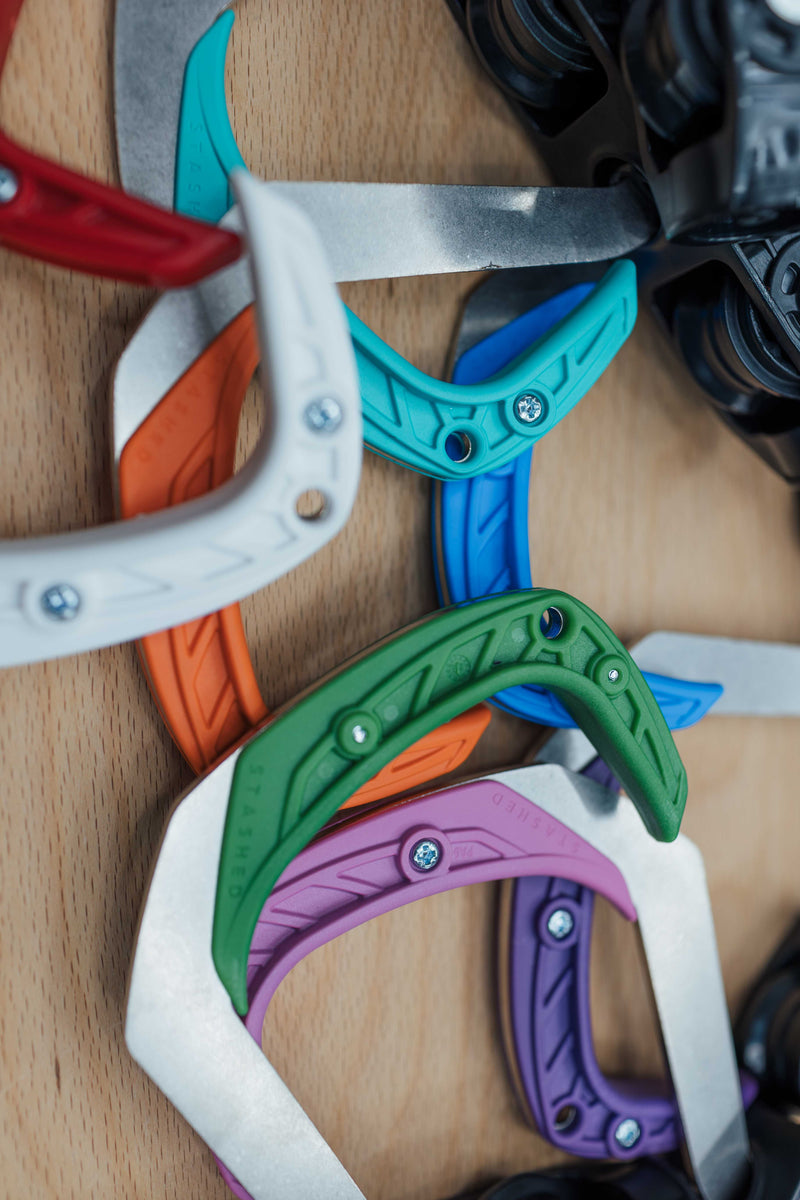 Stashed Colourful hooks oriented vertically 