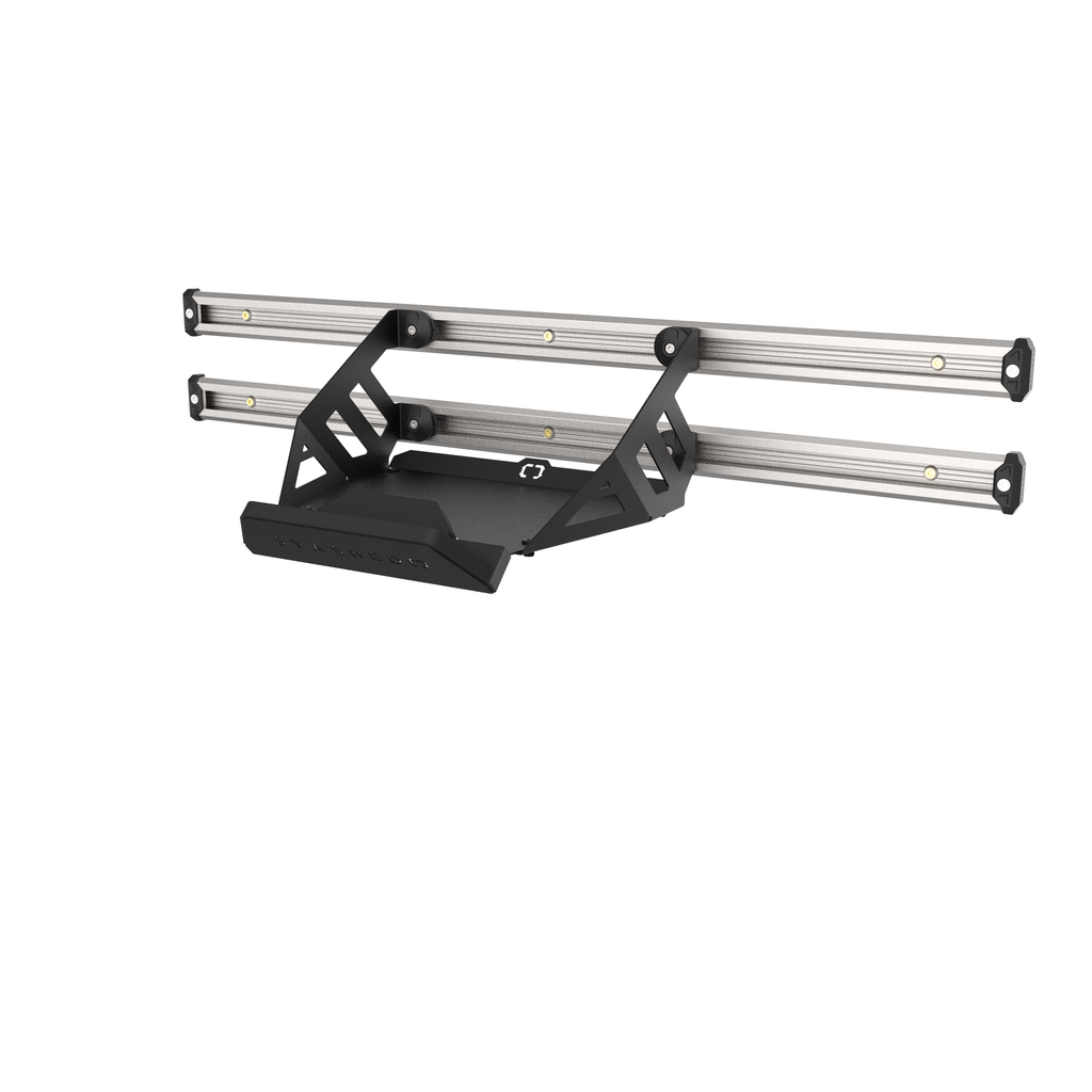 SpaceRail ONE bike station bolted to two 950mm LodeStar wall rails with attachments added