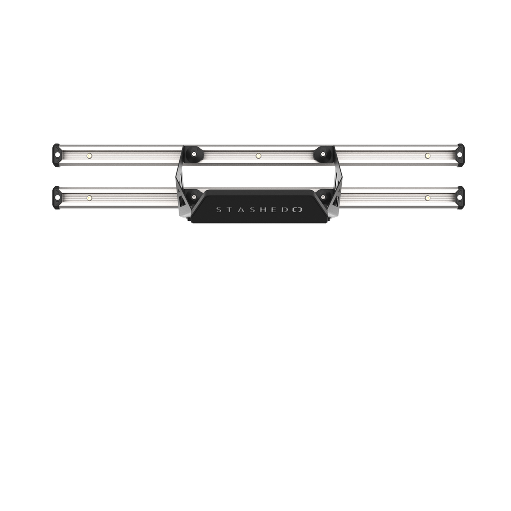 Rail mounted SpaceRail ONE bike station with LodeStar hooks and trays on the rails