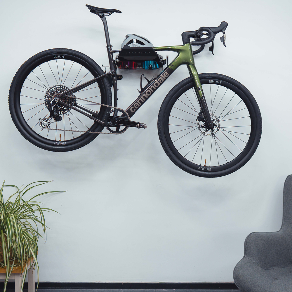 SpaceRail ONE Wall Mounted and Hooks with a bike and cycling kit in place