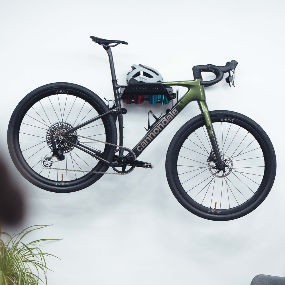 SpaceRail ONE and Hooks wall mounted bike storage with the kit hook set